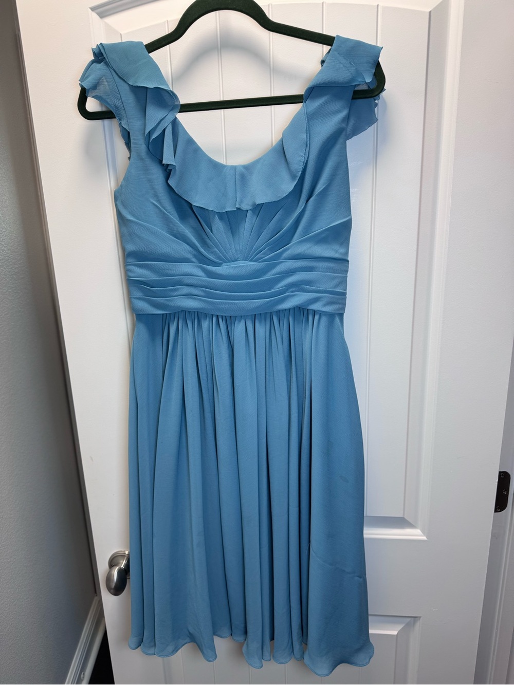 Watters Light Blue Ruffle-Shoulder Midi Dress